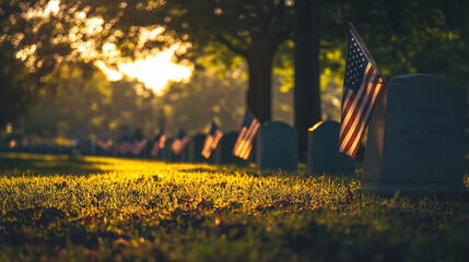 Memorial Day flags adorn graves in a peaceful cemetery at sunset. 