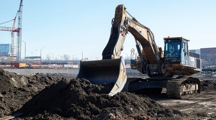 Fototapeta premium A giant excavator with a large bucket transports soil at a large-scale construction site, background wallpaper AI generated image