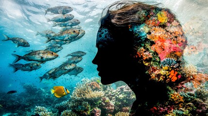 woman’s face overlayed with a silhouette of a school of fish swimming through coral reefs. [Export products]:[Fish] 