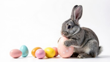 Cute bunny holds an Easter egg in his paws, there are many eggs around, white background. Place for text, congratulations. Happy Easter day concept and idea