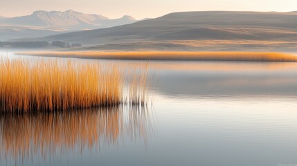 Tranquil Nature Scene with Golden Reeds and Serene Water Reflection