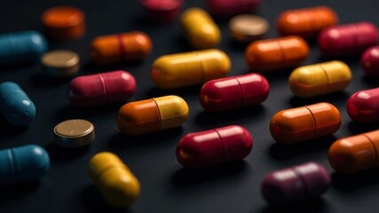 Colorful pills placed over black background forming a abstract pattern