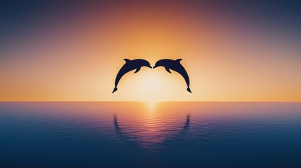 Naklejka premium Dancing Dolphins at Sunset Over Calm Ocean Waters with Vibrant Colors in the Sky