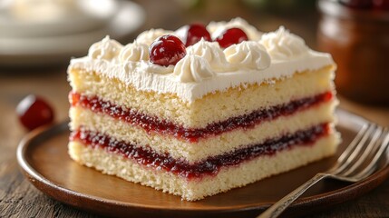 Delicious layered cake with creamy frosting and cranberry filling, served on a rustic plate.
