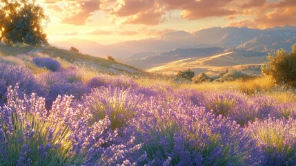 Naklejka premium Tranquil Lavender Fields Under Golden Sunset with Rolling Hills
