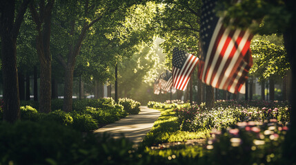 Memorial Day celebration in a serene park with American flags and blooming flowers.
