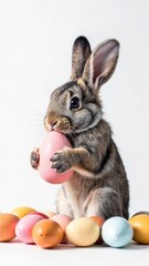 Cute bunny holds an Easter egg in his paws, there are many eggs around, white background. Place for text, congratulations. Happy Easter day concept and idea