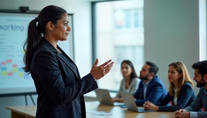 Indian businesswoman leads corporate seminar. Group of businesspeople listen attentively. Business meeting in modern office setting. Speaker gestures confidently. Focus on leadership, communication