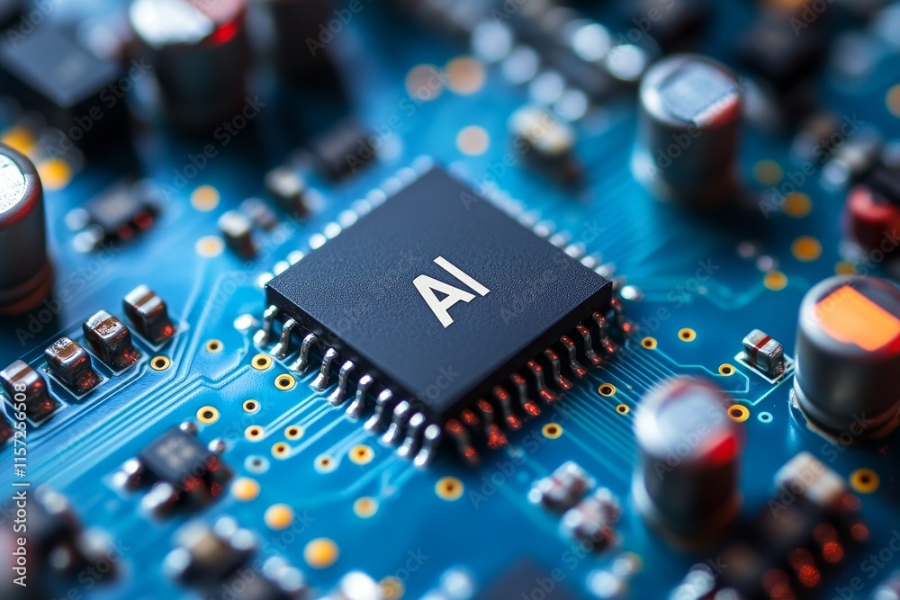 Poster close-up view of a microchip featuring ai technology on a circuit board in a tech innovation laborat