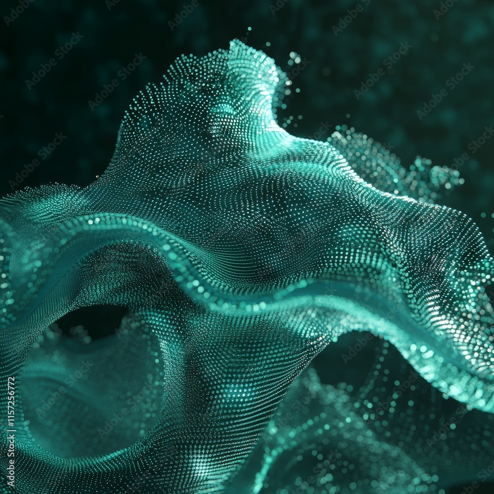 Poster ethereal visualization of flowing turquoise particles creating a dynamic and abstract texture agains