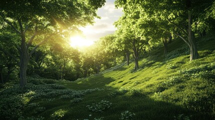 Fototapeta premium A hillside covered in dense green forest, with warm sunlight shining on the treetops. background wallpaper AI generated image
