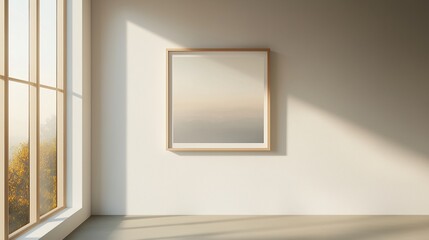 Soft sunlight enters the room, casting a natural glow on the artwork's surface, creating a gentle reflection of light on the painting. The frame's raw wood complements the simple, serene atmosphere.