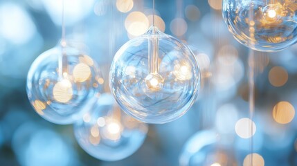 Transparent Glass Orbs with Warm Light Against Soft Blue Background