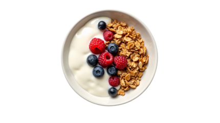 Bowl of Crunchy Granola with Nuts and Dried Fruits, Isolated on a Transparent Background PNG.