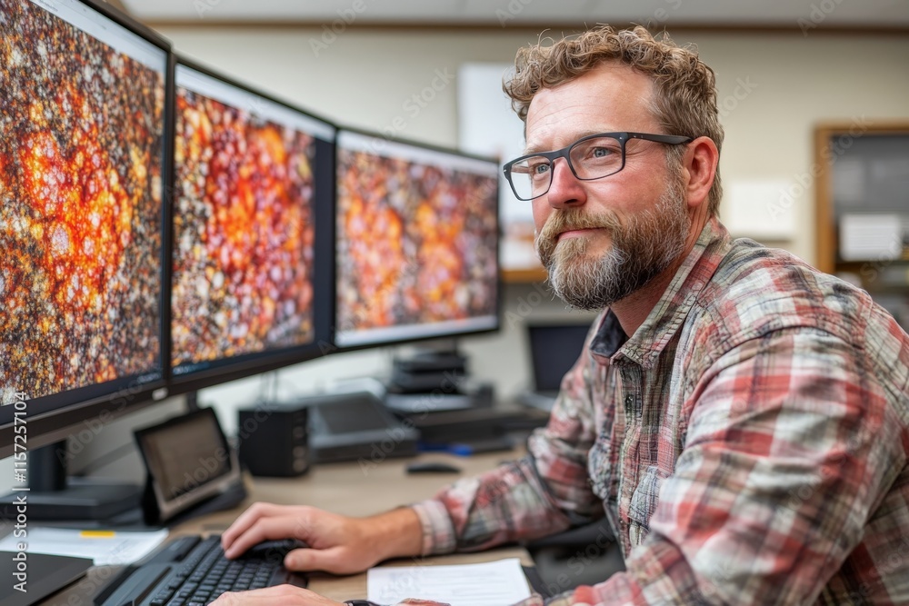 Poster a scientist wearing glasses is focused on analyzing detailed images displayed across three computer 