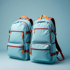 Fototapeta premium A pair of colorful travel backpacks with visible compartments, placed on a light blue backdrop.