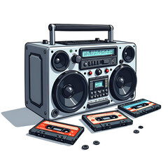 Obraz premium Vintage boombox with cassette tapes a nostalgic tribute to 80s music culture, digital art of still life concept.