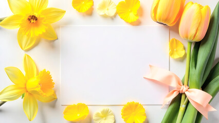 A bright floral arrangement featuring yellow daffodils and tulips with a blank card in the center, perfect for creating cheerful invitations or greeting card designs. Selective focus