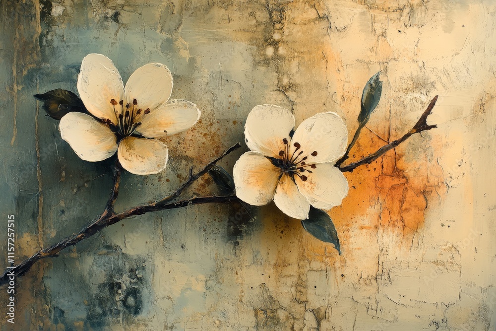 Poster this image features a delicate duo of blossoms set against an abstract background, showcasing elegan