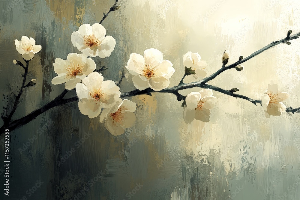 Poster an artistic image of branches with blooming flowers set against a soft, abstract background, showcas