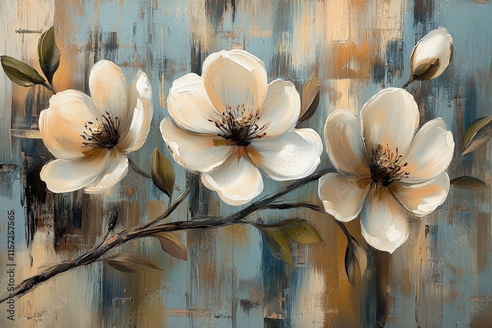 Aufkleber This image showcases elegant blossoms on a textured abstract background, blending soft colors and intricate details, creating a harmonious and serene visual impact.