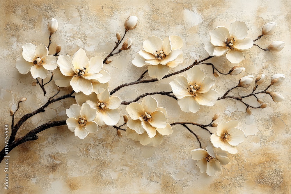Poster this serene image captures a branch with delicate blossoms set against a soft, textured background, 