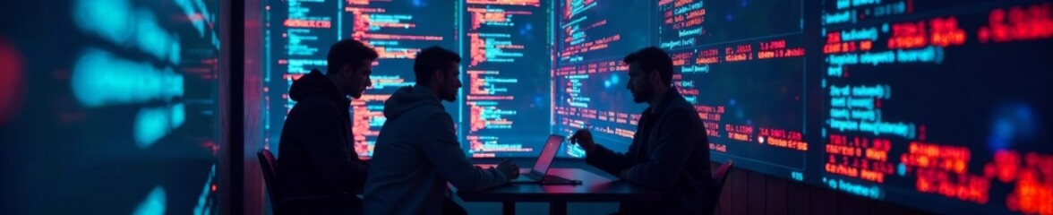 Fototapeta premium Cyber security team huddled around a futuristic screen displaying lines of code , data protection, computer hacking