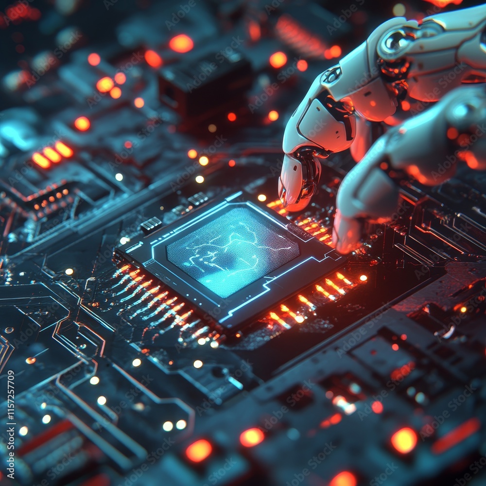 Poster robotic hand interacting with a computer chip on an intricate circuit board in a futuristic environm