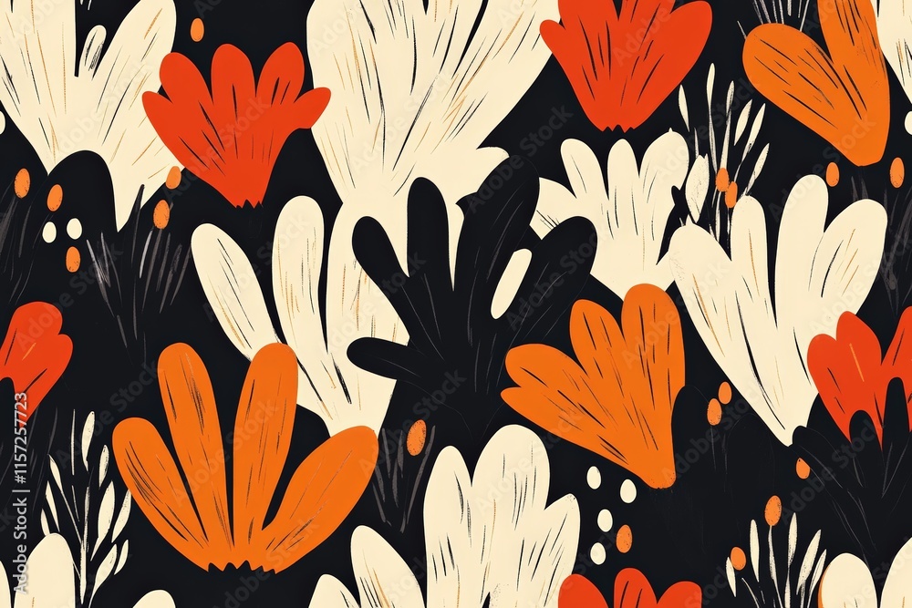 Poster bold floral pattern featuring a mix of abstract orange and cream flowers against a dark background, 