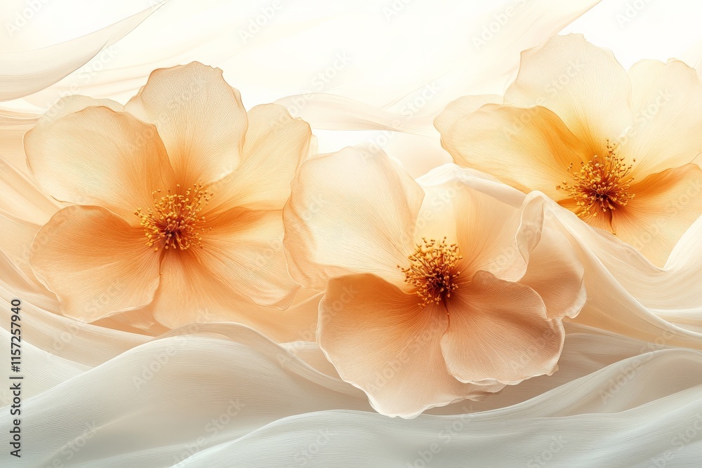 Poster three peach-colored flowers gracefully float over a soft, wavy backdrop, evoking a sense of serenity