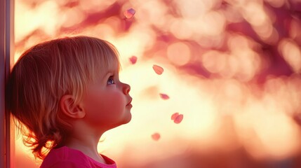 Fototapeta premium Child Gazing in Wonder at Falling Petals under a Colorful Sunset Sky