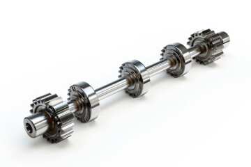 A metallic camshaft featuring gears, used in engine mechanics for timing control. isolated on white background