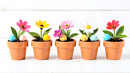 A delightful combination of natural elements like flowers and pastel eggs styled in small pots creates a fresh and inviting visual for easter campaigns or home decor concepts. Selective focus