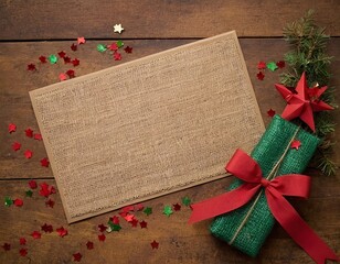 Festive holiday scene with a green gift, red stars, and a rustic burlap background.