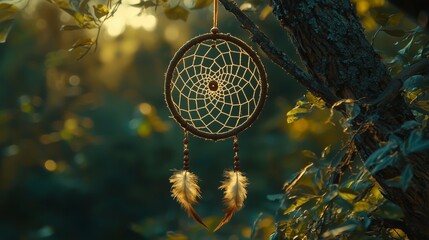 Beautiful Dreamcatcher Hanging from Tree Branch in Nature