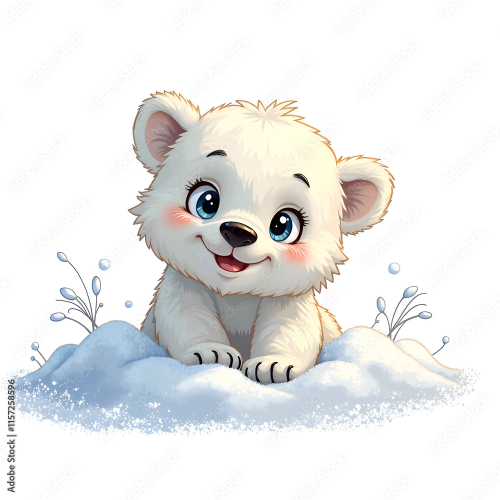 Canvas Prints charming cartoon polar bear cub playfully emerging from a snowy background, digital art of character