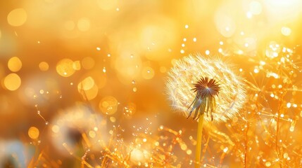 Dandelion Seed Head Glowing in Golden Sunrise with Water Droplets