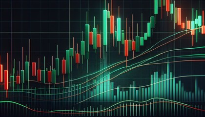 This image shows a detailed financial chart with candlestick patterns, volume bars and moving averages. The vibrant colors and intricate data make it a valuable tool for analyzing market trends and ma