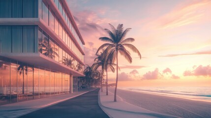 Modern office buildings lined with glass beside a smooth asphalt road that runs parallel to the sandy beach, background wallpaper AI generated image