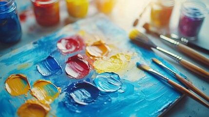 Fototapeta premium Colorful Palette with Paints and Brushes on Artistic Workspace