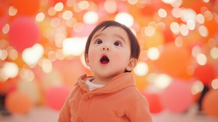Fototapeta premium Curious Child Gazing in Awe Against a Colorful Background of Soft Lights and Balloons