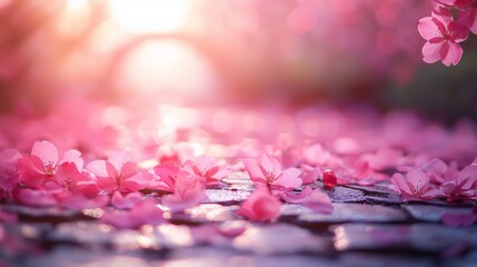 Captivating Cherry Blossom Petals on Pathway in Soft Morning Light