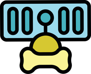 Innovative pet bowl using sensors to distribute food, featuring a bone symbol, promoting healthy eating habits for pets