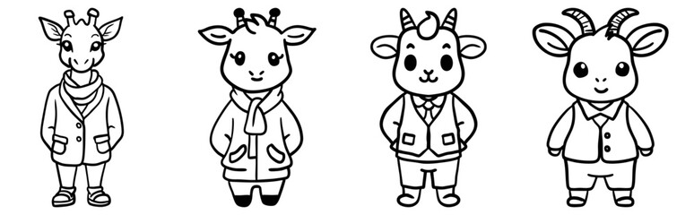 A whimsical illustration of four cartoon animals wearing stylish outfits, showcasing a giraffe, and goat characters in playful poses.