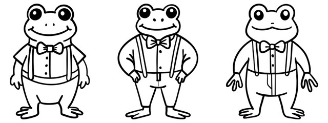 Obraz premium Three cartoon frogs dressed in bow ties and suspenders, showcasing playful and whimsical characters in a black and white illustration.