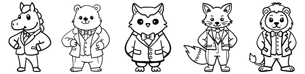 A collection of cartoon animals dressed in suits, featuring a unicorn, panda, owl, fox, and lion, all standing confidently with their arms crossed.