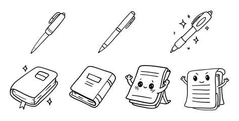 A collection of cute, illustrated stationery items, including pens and notebooks, showcasing a playful and creative design style.