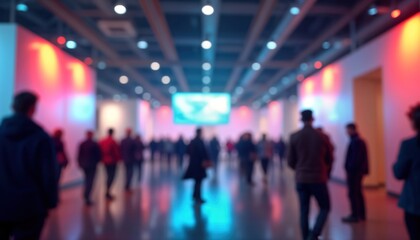 Blurred people move through exhibition hall. Large hall with many people walking. Plenty of colorful lighting. Large expo. Attendees look at exhibits. Modern business expo interior. Busy event. Crowd