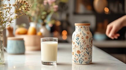 Obraz premium Decorative Bottle and Glass of Milk on Kitchen Table with Flowers
