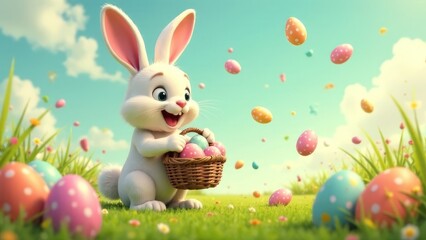 A cute rabbit holds a basket in its paws, runs, jumps on the grass, and catches Easter eggs coming from the sky. Happy Easter day concept and idea
